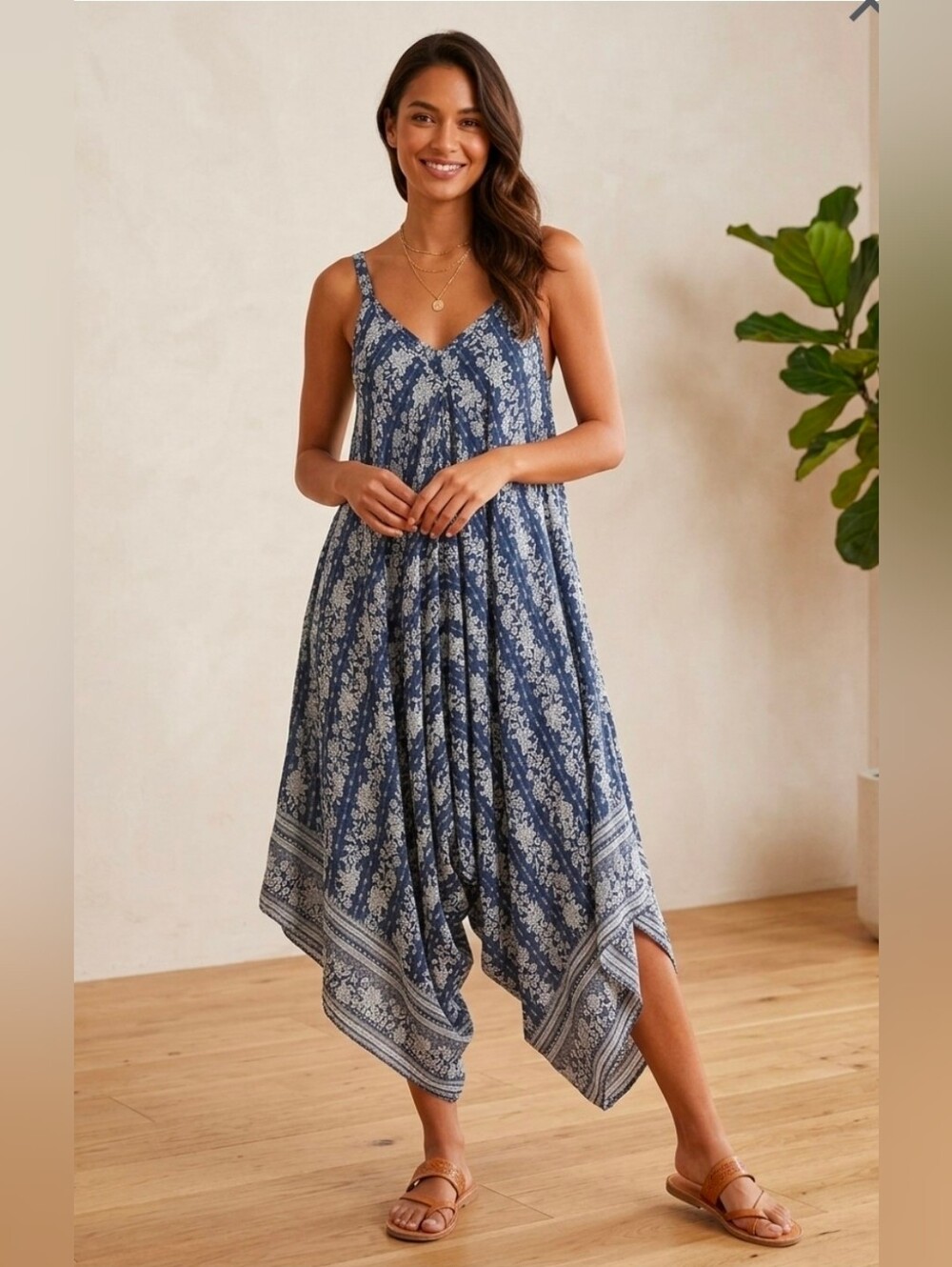 Japna Boho Navy Blue Floral Paisley Harem Jumpsuit Dress Medium